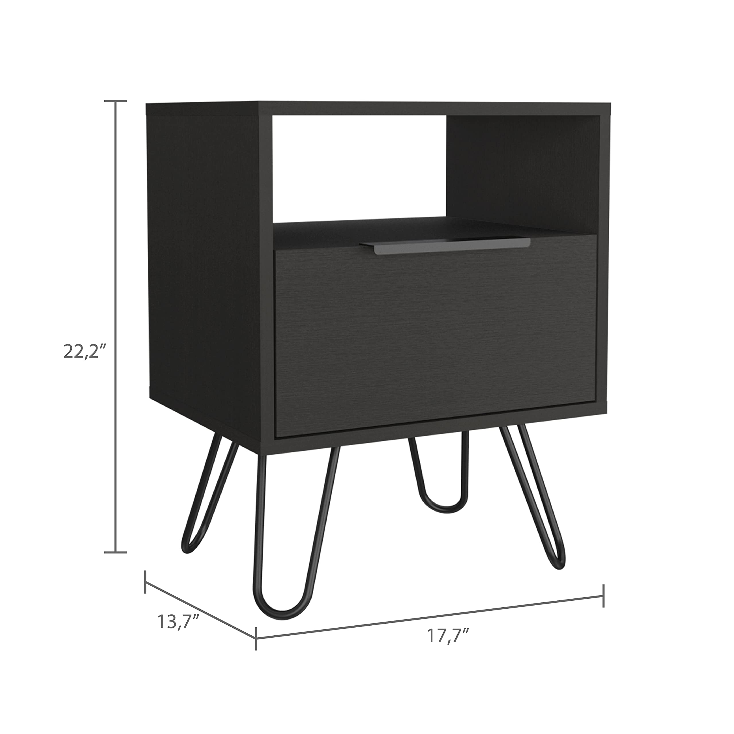 Nightstand 22&Quot; H, 1 Open Shelf, Single Door Cabient, Hairpin Legs, Black